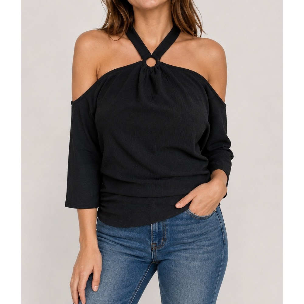 DAYTRIP by Buckle Cold Shoulder Crinkle Top Womens M Black Halter Ring Keyhole